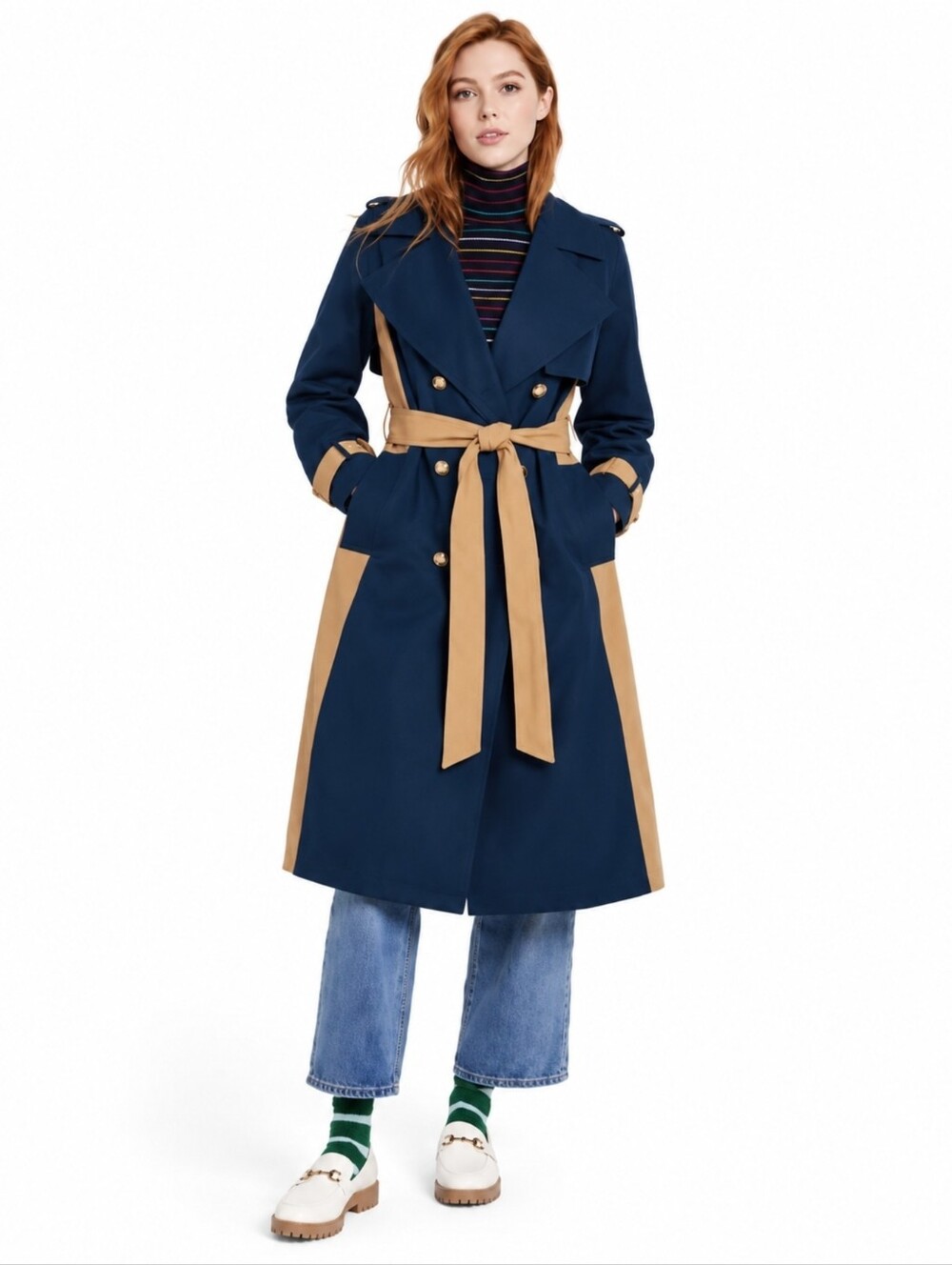 La Ligne X Target Side Stripe Trench Coat Jacket Navy Tan Colorblock Size L